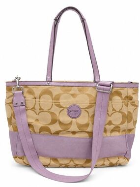 Coach Tan Signature Canvas Tote with Lavender Accents